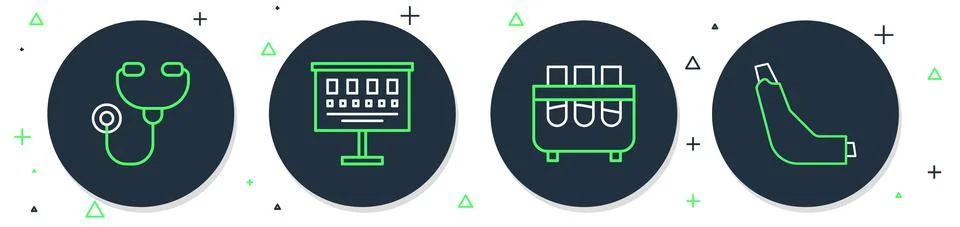 Set line Eye test chart, Test tube and flask, Stethoscope and Inhaler icon Stock Illustration