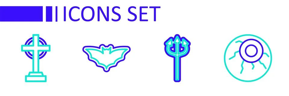 Set line Eye, Trident devil, Flying bat and Tombstone with cross icon. Vector イラスト素材