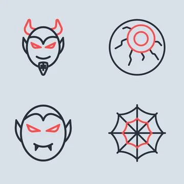 Set line Eye, Vampire, Spider web and Devil head icon. Vector Stock Illustration