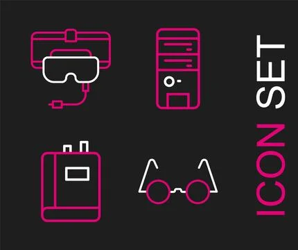 Set line Eyeglasses, Book, Computer and Virtual reality icon. Vector Illustrazione stock