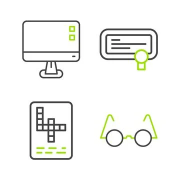 Set line Eyeglasses, Crossword, Certificate template and Computer monitor s.. Stock Illustration