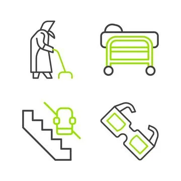 Set line Eyeglasses, Disabled elevator, Stretcher and Grandmother icon. Vector 스톡 일러스트