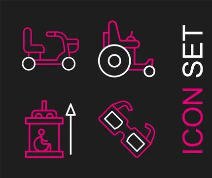 Set line Eyeglasses, Elevator for disabled, Electric wheelchair and icon. Vector Stock Illustration