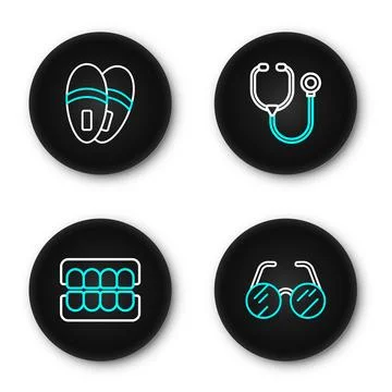 Set line Eyeglasses, False jaw, Stethoscope and Slippers icon. Vector Stock Illustration