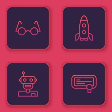 Set line Eyeglasses, Robot, Rocket ship and Certificate template. Blue square 스톡 일러스트