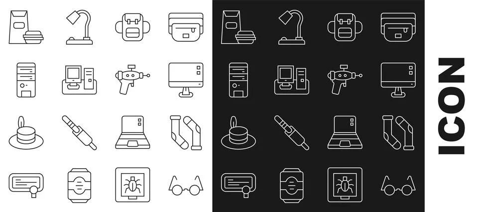 Set line Eyeglasses, Socks, Computer monitor screen, School backpack, Monitor Stock Illustration