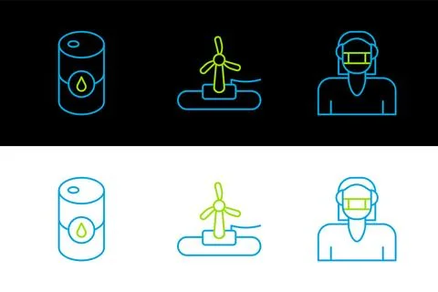 Set line Face in protective mask, Barrel oil and Wind turbine icon. Vector Stockillustratie