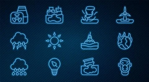 Set line Face in protective mask, Global warming fire, Tornado, Sun, Storm Stock Illustration