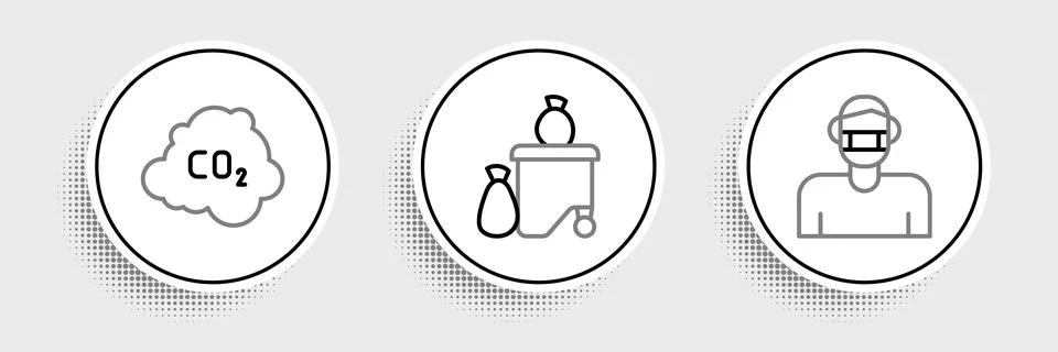 Set line Face in protective mask CO2 emissions cloud and Full dustbin icon. V Stock Illustration