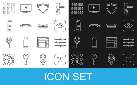 Set line Face recognition, Barbed wire, Eye scan, Shield, Thief eye mask, Pepper Stock Illustration