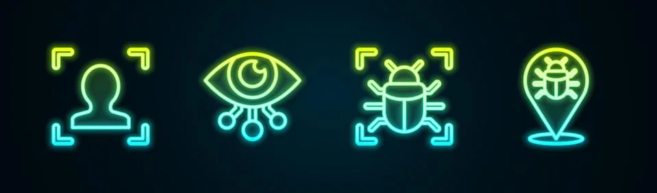 Set line Face recognition, Eye scan, System bug and . Glowing neon icon. Vector Stock-Illustration