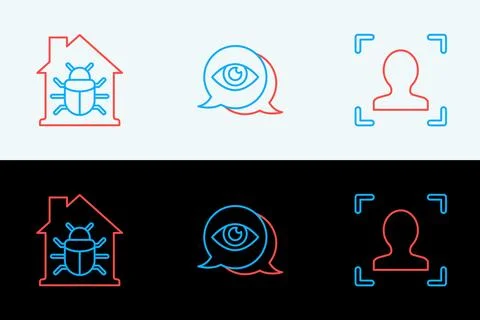 Set line Face recognition, House system bug and Eye scan icon. Vector イラスト素材