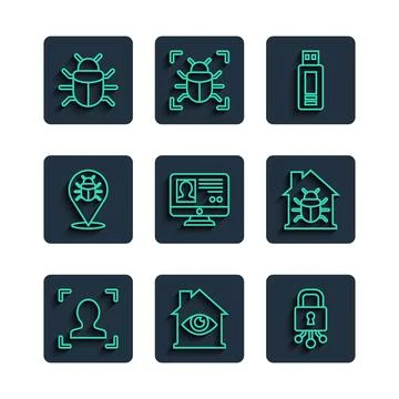 Set line Face recognition, House with eye scan, Cyber security, USB flash d.. Stock Illustration