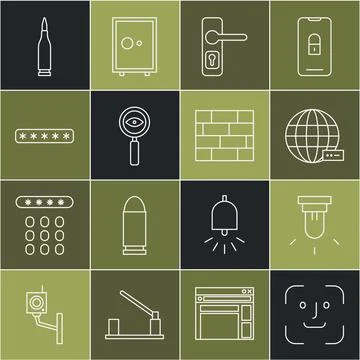 Set line Face recognition Motion sensor Social network Door handle Magnifying Illustration