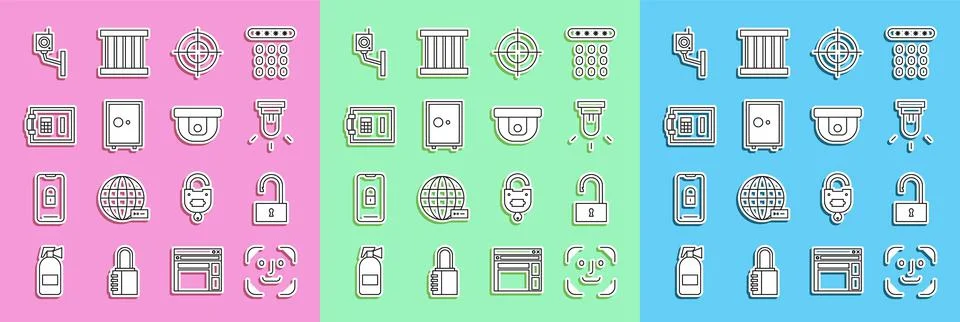 Set line Face recognition, Open padlock, Motion sensor, Target sport, Safe Illustrazione stock