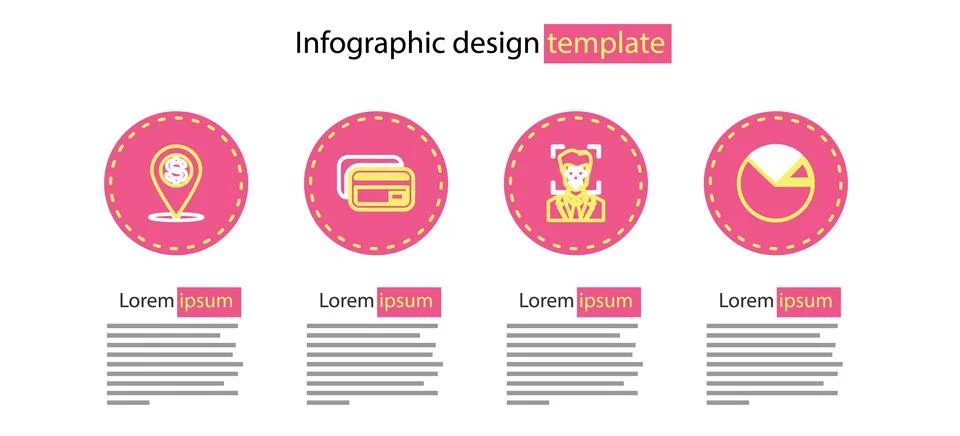 Set line Face recognition, Pie chart infographic, Credit card and Cash location Stock Illustration