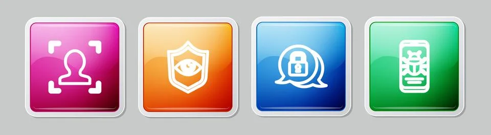 Set line Face recognition, Shield and eye, Cyber security and System bug mobile Stock Illustration