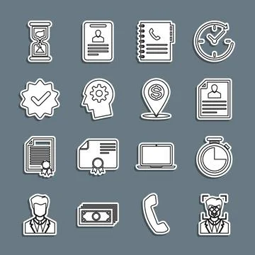 Set line Face recognition, Stopwatch, Resume, Phone book, Human head with g.. Stock Illustration