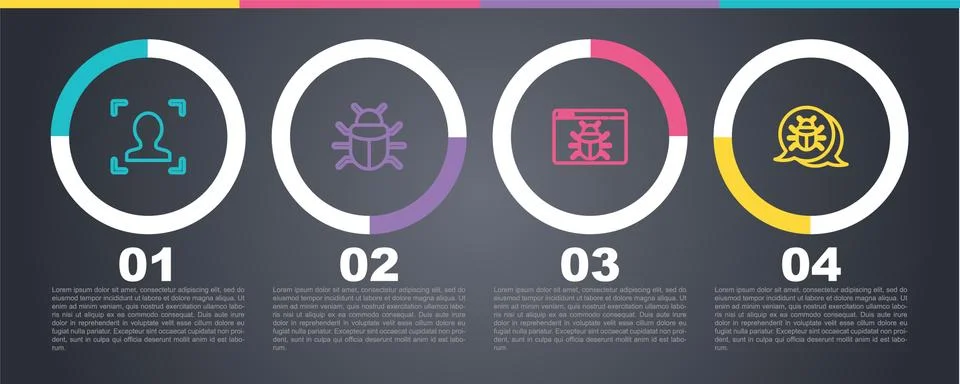 Set line Face recognition, System bug, and . Business infographic template Stock-Illustration