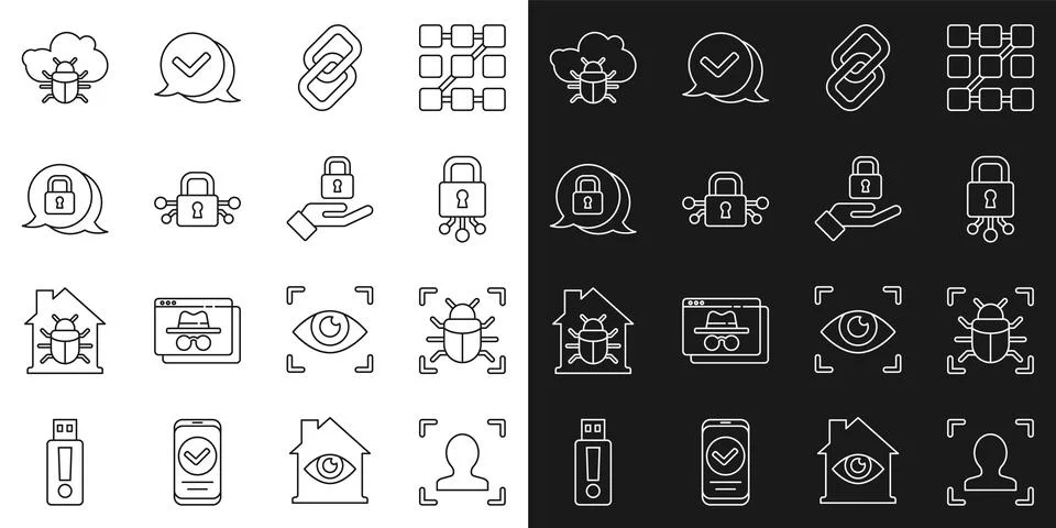 Set line Face recognition, System bug, Cyber security, Chain link, cloud and Stock Illustration