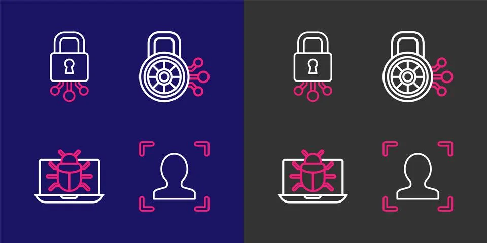 Set line Face recognition, System bug monitor, Cyber security and  icon. Vect Stock Illustration