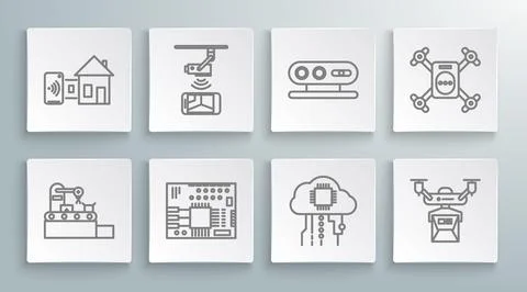 Set line Factory conveyor system belt, Printed circuit board PCB, Internet .. Stock Illustration