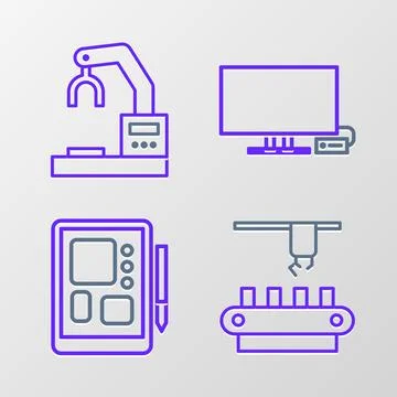 Set line Factory conveyor system belt, Graphic tablet, Smart Tv and Robotic.. Stock-Illustration