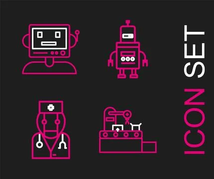 Set line Factory conveyor system belt, Robot doctor,  and  icon. Vector Stockillustratie