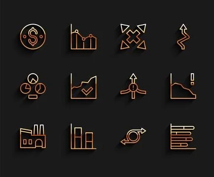 Set line Factory, Graph, chart, diagram, Dollar symbol, Arrow, Pie infograp.. Stock Illustration