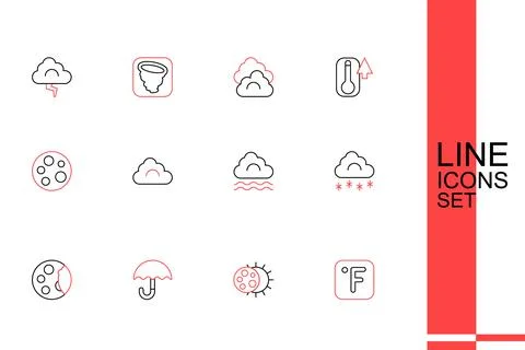 Set line Fahrenheit, Eclipse of the sun, Umbrella, Moon phases, Cloud with .. Ilustração Stock