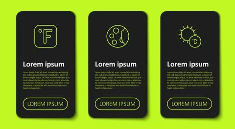 Set line Fahrenheit, Moon phases and Sun. Business infographic template. Vector Ilustração Stock