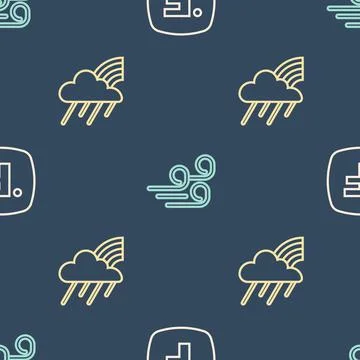 Set line Fahrenheit, Rainbow with cloud and rain and Windy weather on seamless Illustrazione stock