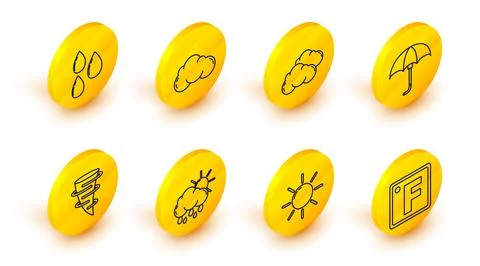 Set line Fahrenheit, Sun, Cloud with rain and sun, Tornado, Classic elegant.. Illustrazione stock