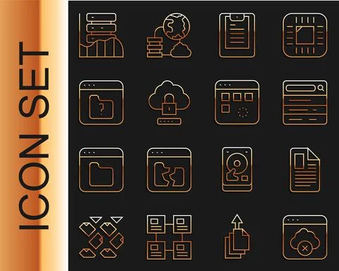Set line Failed access cloud storage, File document, Search engine, Server, Data Stock Illustration