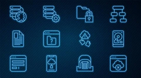 Set line Failed access cloud storage, Hard disk drive HDD, Folder and lock, File Stock Illustration