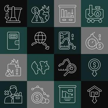 Set line Falling property prices, Dollar rate decrease, Money bomb dollar crisis Stock Illustration