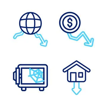 Set line Falling property prices, Safe, Dollar rate decrease and Global economic Stock Illustration