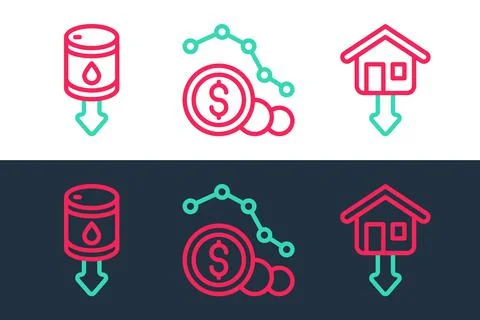 Set line Falling property prices, Drop crude oil and Dollar rate decrease icon 库存插图
