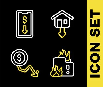 Set line Falling property prices, Fire burning house, Dollar rate decrease .. Stock Illustration