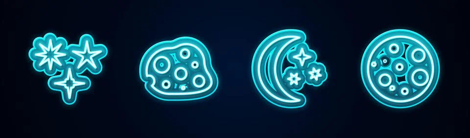 Set line Falling star, Asteroid, Moon and stars and . Glowing neon icon. Vector Ilustração Stock