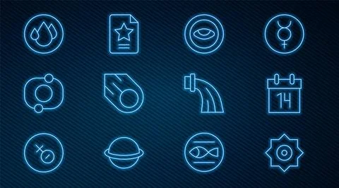 Set line Falling star, Calendar, Medallion with eye, Comet, Solar system, Water Stock Illustration