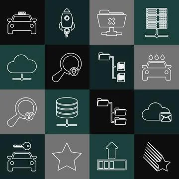 Set line Falling star, Cloud mail server, Car wash, FTP cancel operation, Search イラスト素材