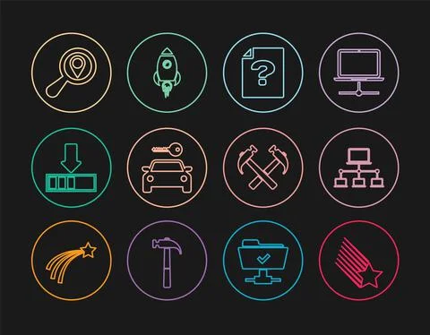 Set line Falling star, Computer network, Unknown document, Car rental, Loading Illustrazione stock