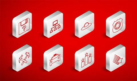 Set line Falling star, Computer network, UFO flying spaceship, Police badge Stock Illustration