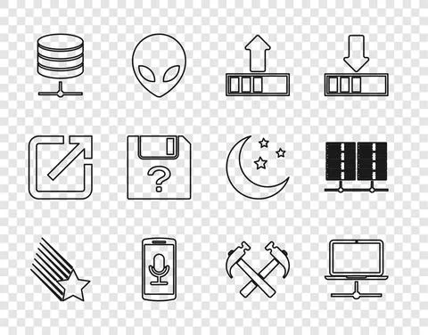 Set line Falling star, Computer network, Loading, Mobile recording, Server, Data Illustrazione stock