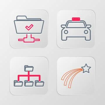 Set line Falling star, Folder tree, Taxi car and FTP operation successful icon Stock Illustration