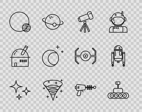 Set line Falling star, Mars rover, Telescope, Black hole, Planet, Moon and st Ilustração Stock