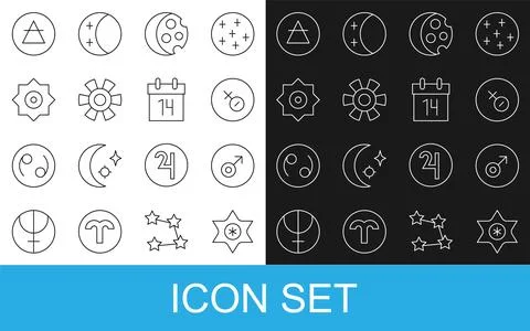 Set line Falling star, Mars symbol, Venus, Eclipse of the sun, Sun, Air element Ilustração Stock