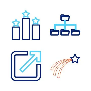 Set line Falling star, Open new window, Folder tree and Ranking icon. Vector Stock Illustration