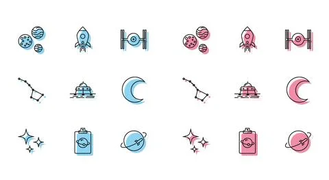 Set line Falling star, Planet, Mars rover, Moon and stars, Great Bear Ilustração Stock
